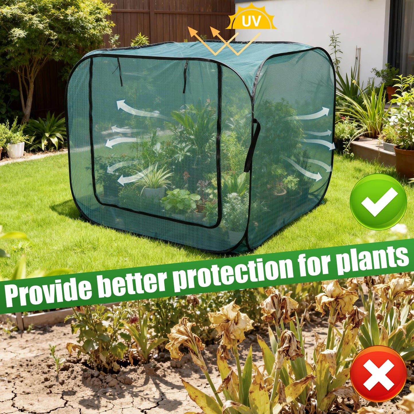 RGQSUN 1Pcs 47 x 47 x 43in Pop-up Garden Mesh Plant Cover,Large Pest Guard Cover,Plant Gardening Net Cover with Zip and Stakes for Protecting Vegetable Fruits Plant from Birds Insects