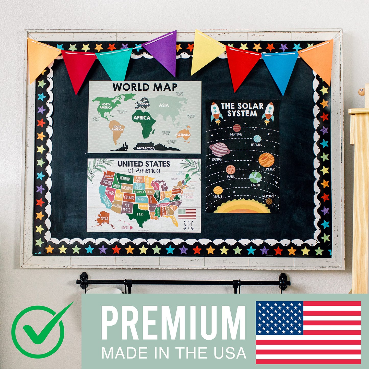 4 Alphabet, Map of United States, World Map, & Solar System Posters - Laminated ABC Charts for Toddlers Wall Decor, Farmhouse Posters for Kindergarten, Prek Classroom or Homeschool 11x17