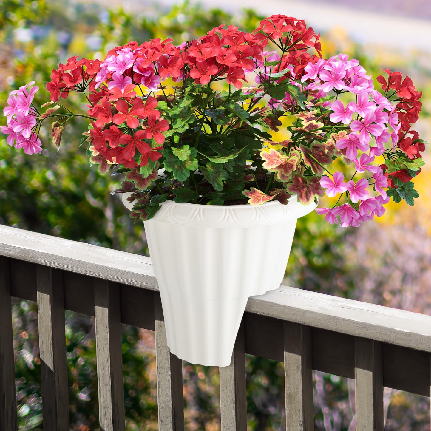 Railing Planter Box 2-Pack - 13.5-Inch Round Outdoor Flower Pots with Drainage Inserts - 2.64-Gallon Outdoor Planters for Porch, Deck, Fence, or Balcony Railings 3” - 3.75” Wide by Pure Garden (White)