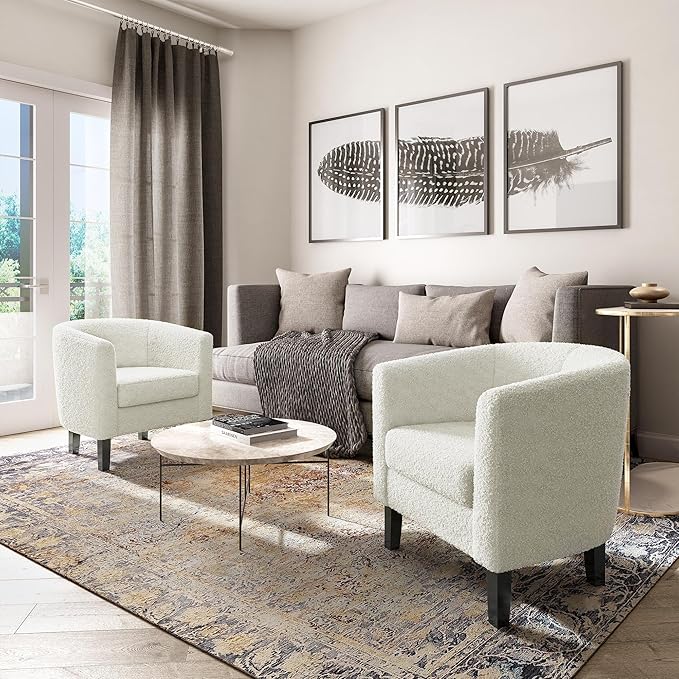 BELLEZE Accent Barrel Chair Set of 2, Linen Round Chair Club Tub Sofa Corner