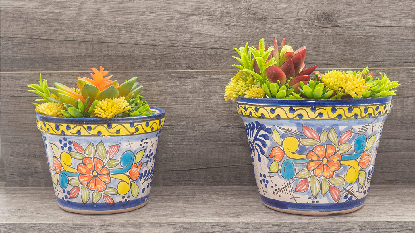 Fiesta Brands Talavera Mexican Pottery Planters Cobalt YellowTalavera Succulent Planter Set of 2 (6 in Diam x 4.5 in Tall and 5 in Diam x 4 in Tall)(Cobalt Yellow M)