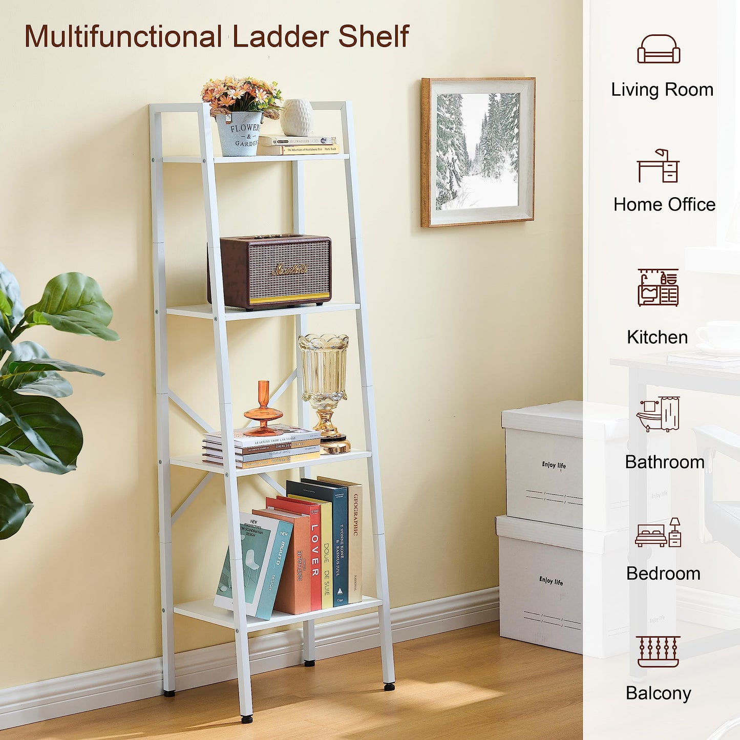 Hoctieon 4-Tier Industrial Ladder Bookshelf, Narrow Ladder Shelf, Tall Standing Bookshelf, Skinny Open Ladder Shelf, for Living Room, Home Office, Kitchen, Bedroom, Metal Frame, White