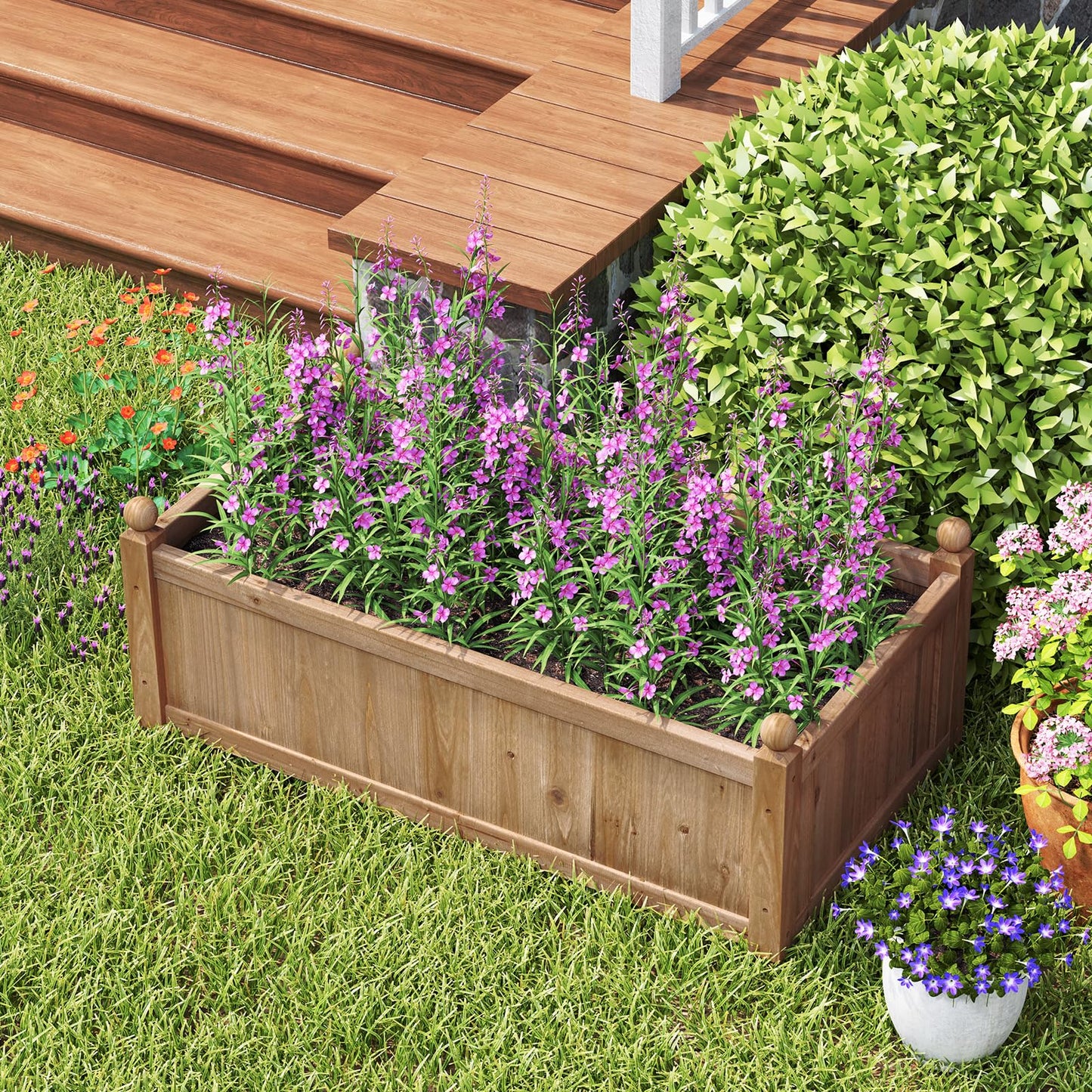 HAPPYGRILL Wood Raised Garden Bed, 46” x 24” x 16” Rectangular Flower Box w/Drainage Holes for Growing Vegetables, Flowers, Herbs, Outdoor Planter Box for Backyard Garden Lawn