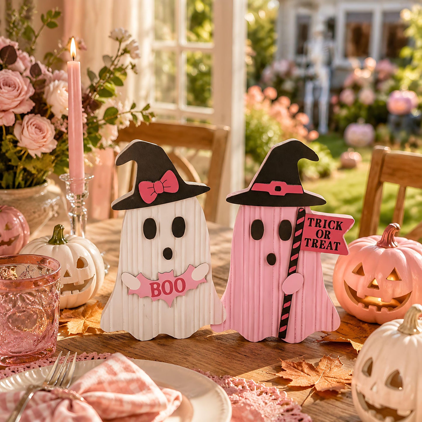 Valery Madelyn Pink Halloween Decorations, Set of 2 Cute Halloween Ghost Decor, Witch Hat Boo & Trick or Treat Wooden Tabletop Signs for Home, Shelf, Tiered Tray Party Display, 7 Inch