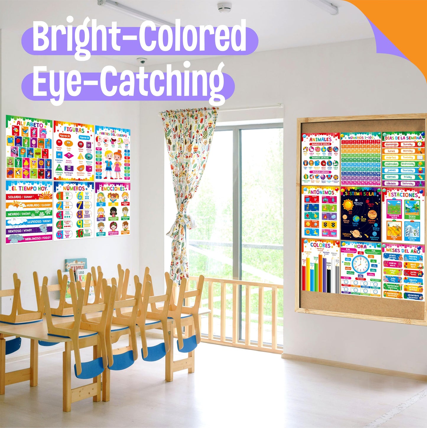 15 Packs Spanish & English Educational Posters, Thick Elementary Bilingual Poster Waterproof & Tearproof with PET Film, Early Language Learning Tool Educational Posters for Kindergarten Preschool