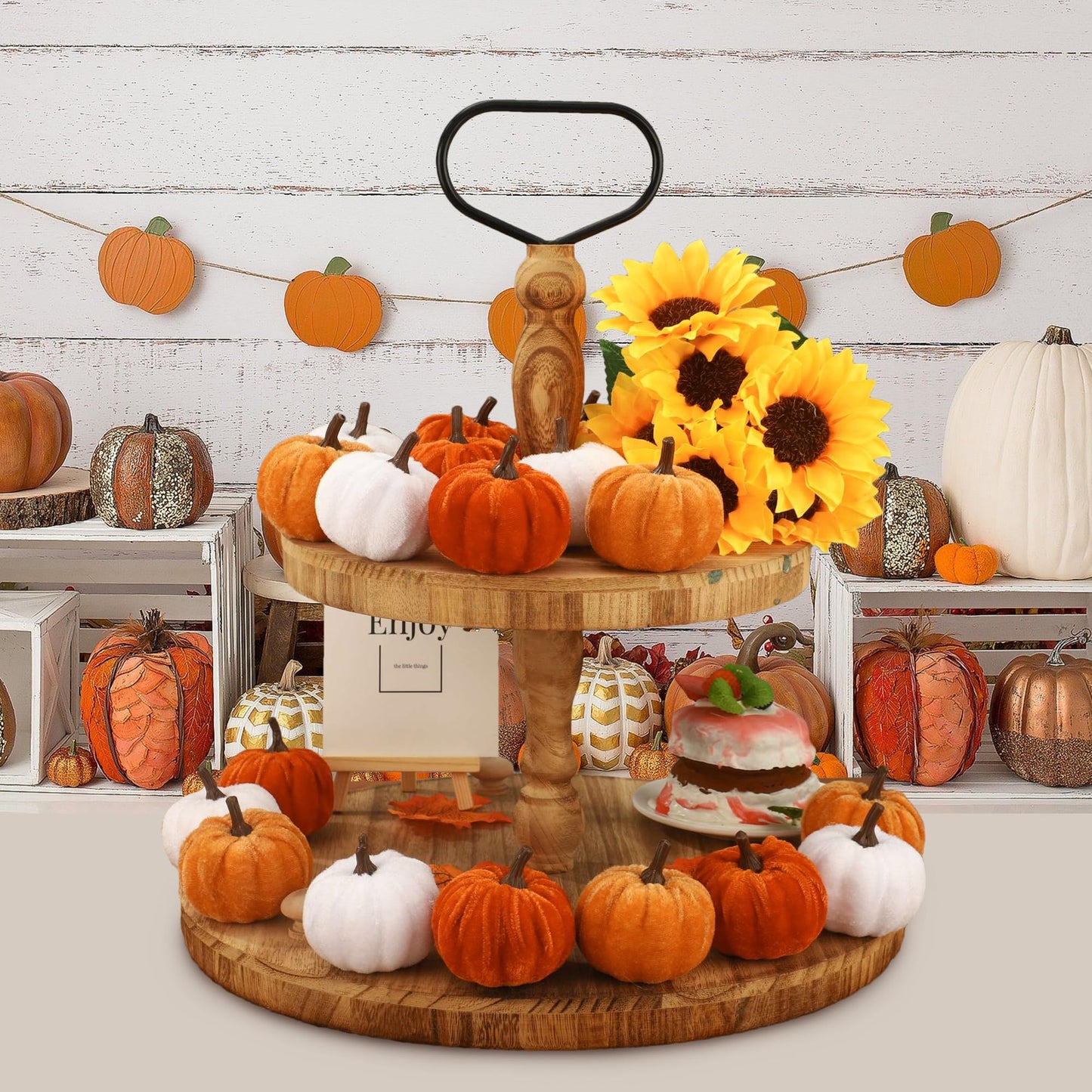 18 Pcs Fall Artificial Velvet Pumpkins Fake Fabric Pumpkin Faux Foam Pumpkins Orange Yellow White Artificial Pumpkin Decorations for Fall Harvest Thanksgiving Halloween Farmhouse Table Centerpiece