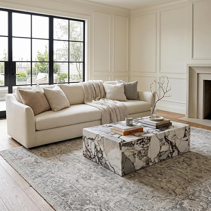 Faux Marble White Coffee Table, Rectangle MDF Living Room Table, Center Table