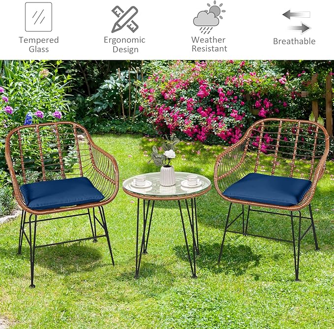 Tangkula 3 Pieces Patio Conversation Bistro Set, Outdoor Wicker Furniture
