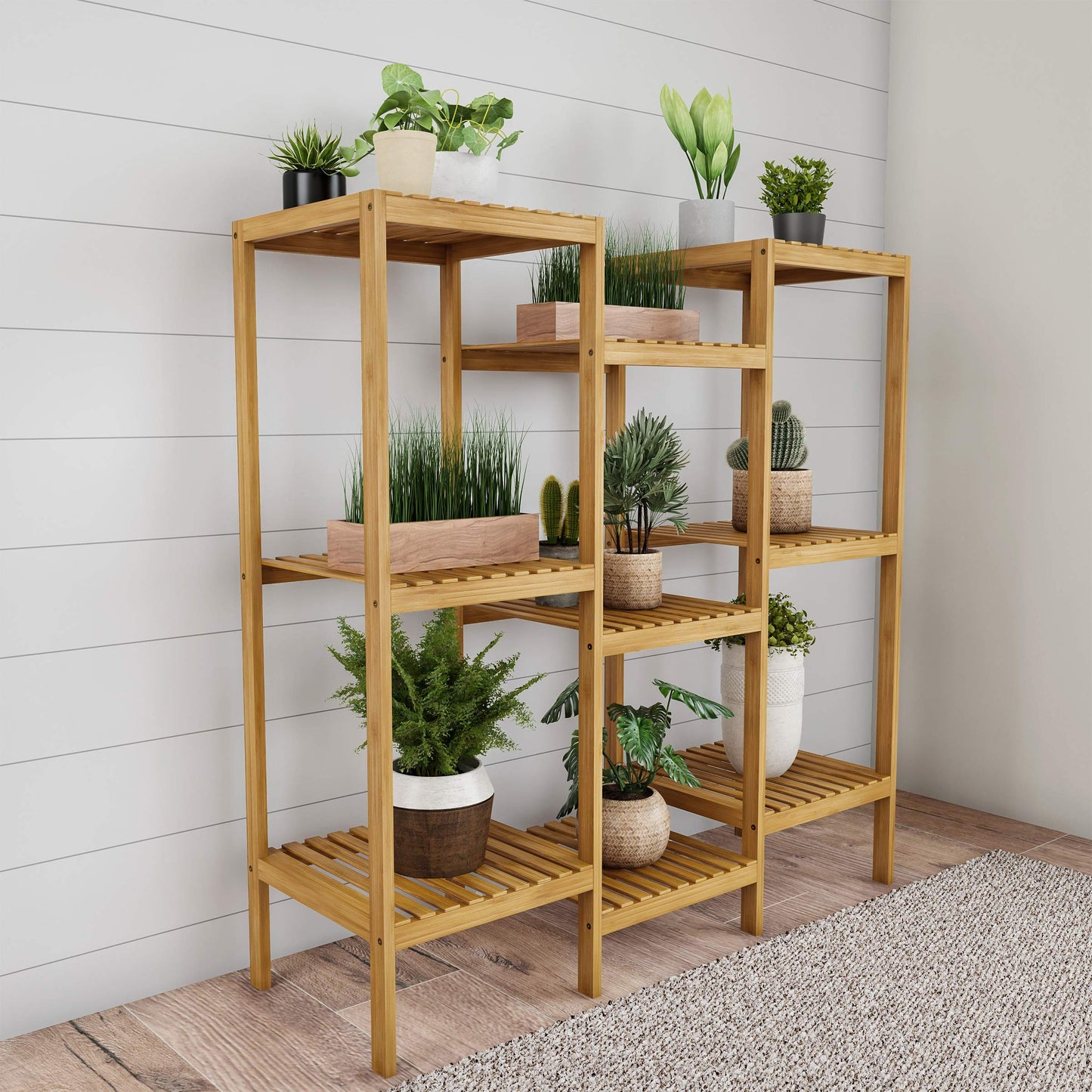 Multi-Level Plant Stand - Freestanding 9-Tier Bamboo Shelf - Indoor/Outdoor Shelving Unit for Storage, Flowerpots, Shoes, and Display by Pure Garden