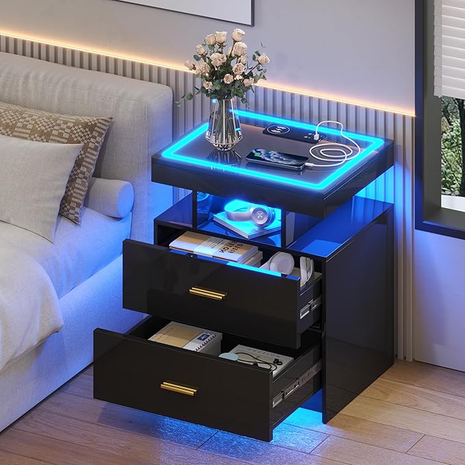 LED Nightstand Set 2 with Wireless Charging Station, Glass Top Smart Bedside