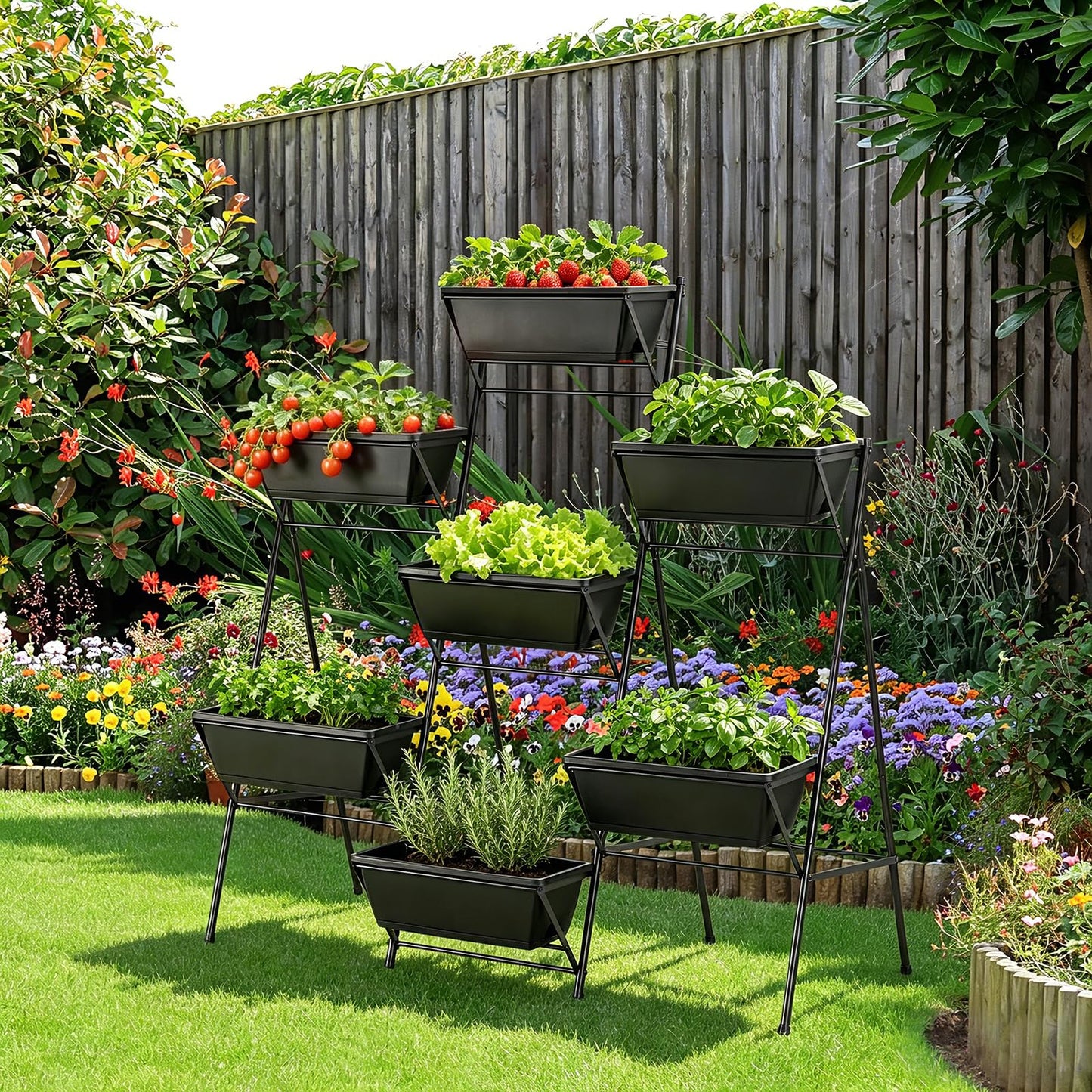 YAHKBTEN Raised Garden Bed Tiered Vertical Garden Planters Outdoor 7 Planter Boxes with Legs Indoor Elevated Herbs Flowers Vegetables Garden Box for Backyard Patio Balcony, Black