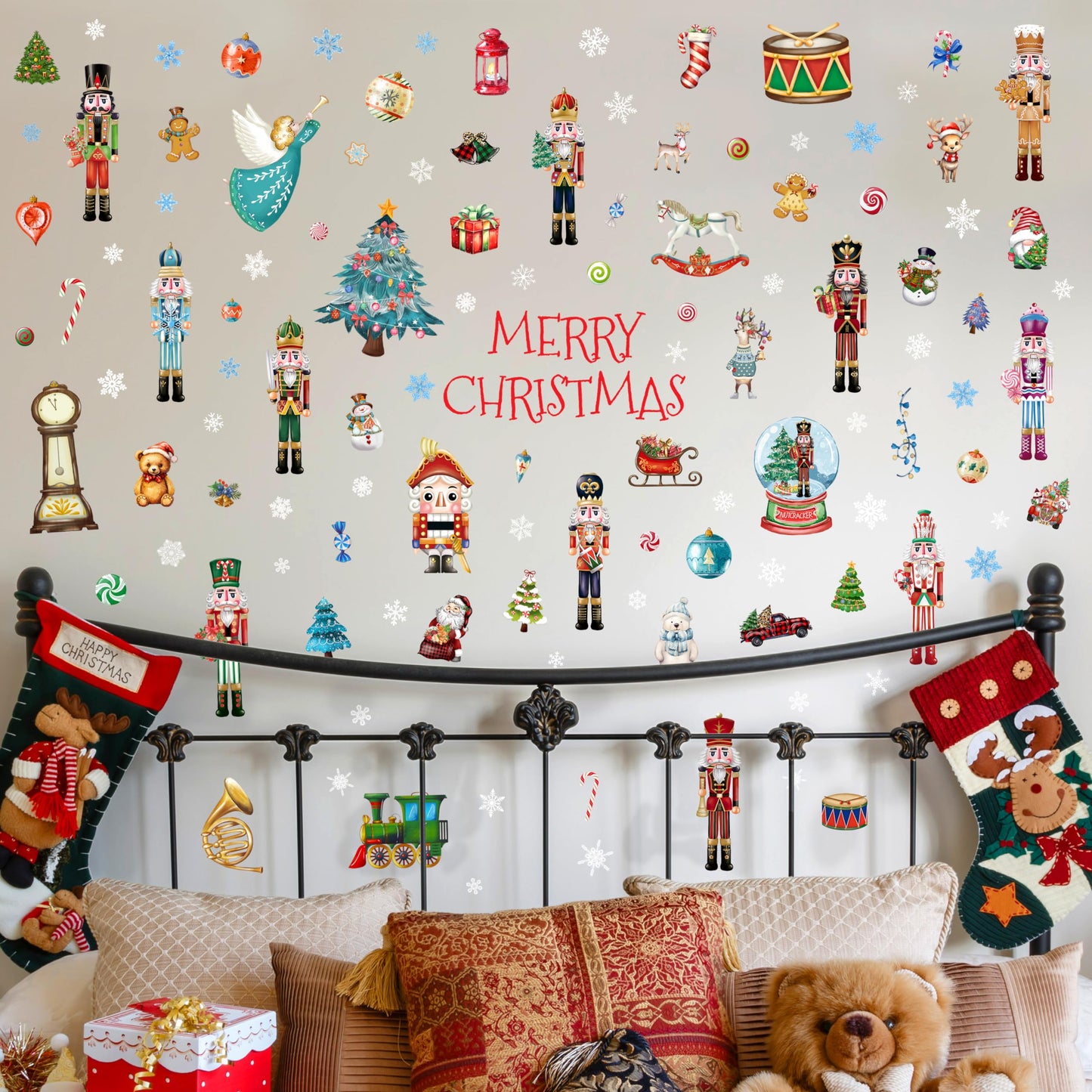 Christmas Nutcracker Wall Stickers Decoration 12 Sheets, Christmas Wall Decals Holiday Nutcracker Decor, Winter Snowflake Vinyl Stickers for Living Room Bedroom Home Office
