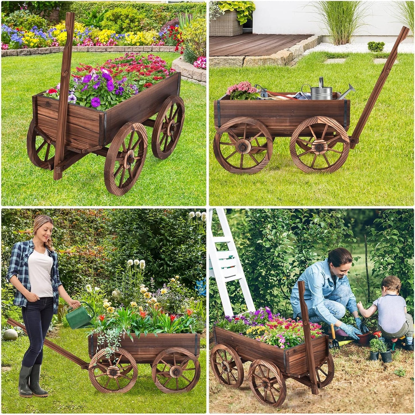 LDAILY Wooden Wagon Planter Pot, Decorative Flower Cart with Handle, Wheels, Drain Holes, Outdoor Rustic Wheelbarrow Planter Stand for Patio, Garden, Backyard, Balcony, Brown