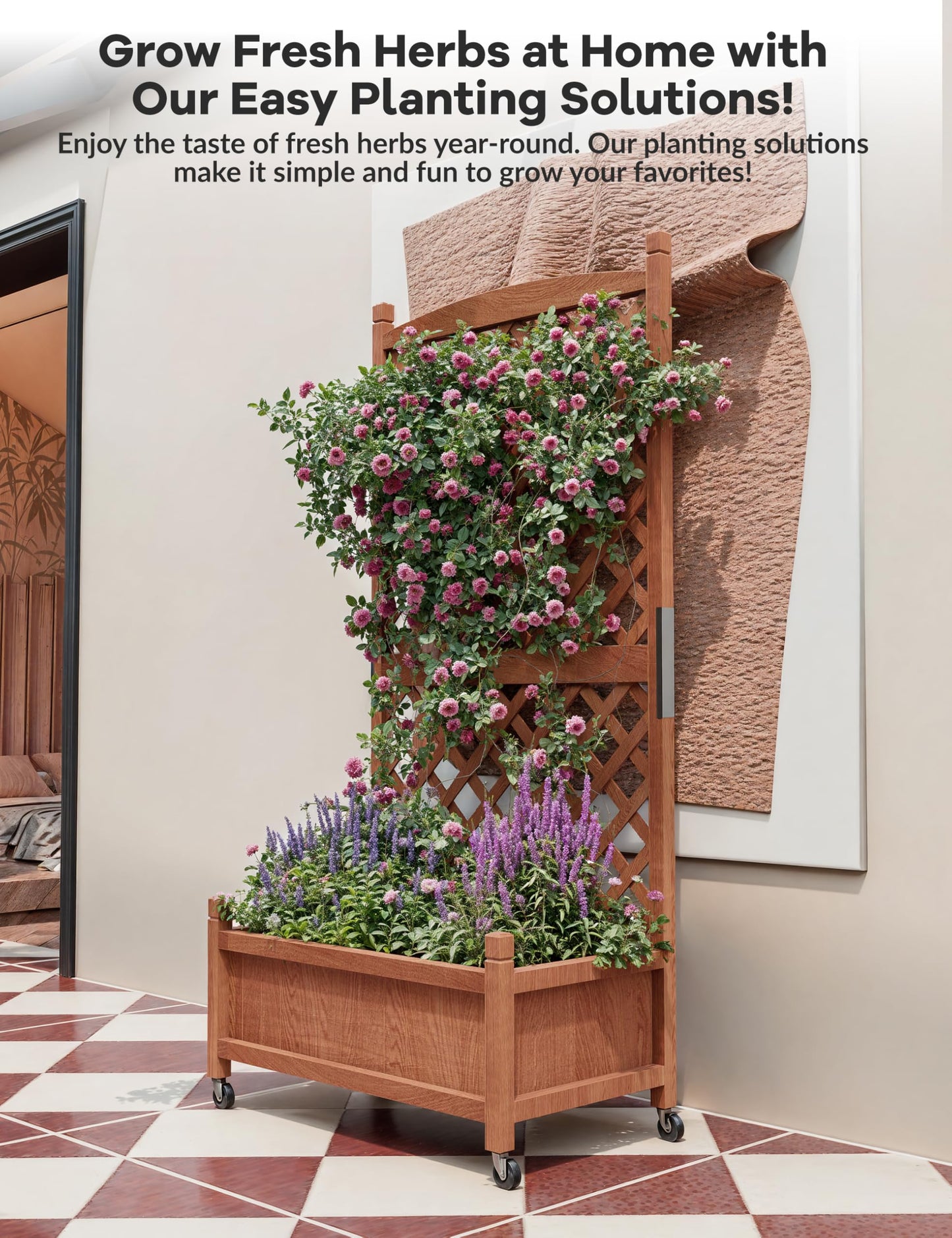 29.5 in x 13 in x 61.5 in Wood Planter Box With Trellis For Plant & Flower, Raised Garden Bed With Wheels, Standing Vertical Horticulture Trellis Planter With Drainage Holes for Patio Garden, 2PCS