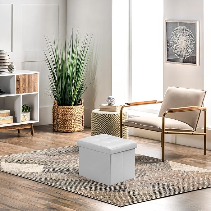 AmasSmile Storage Ottoman Folding Foot Rest Stool, Leather Footstool Bench