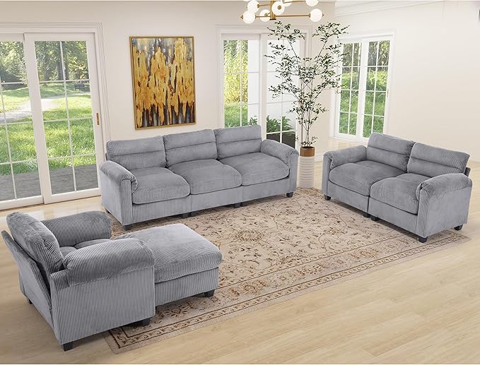 HAOMARKETS Corduroy Sofa Set, Upholstered Armchair and 3-Seater Couch