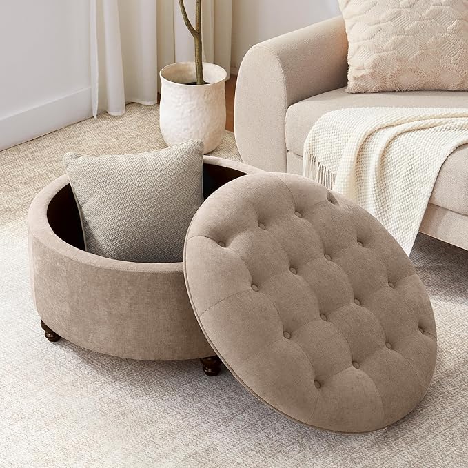 HUIMO 30-Inch Round Storage Ottoman, Modern Button Tufted Coffee Table