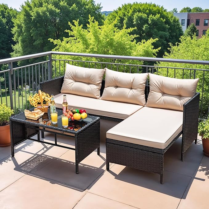 Devoko Outdoor Patio Furniture 3-Piece Rattan Waterproof Outdoor Sectional Sofa