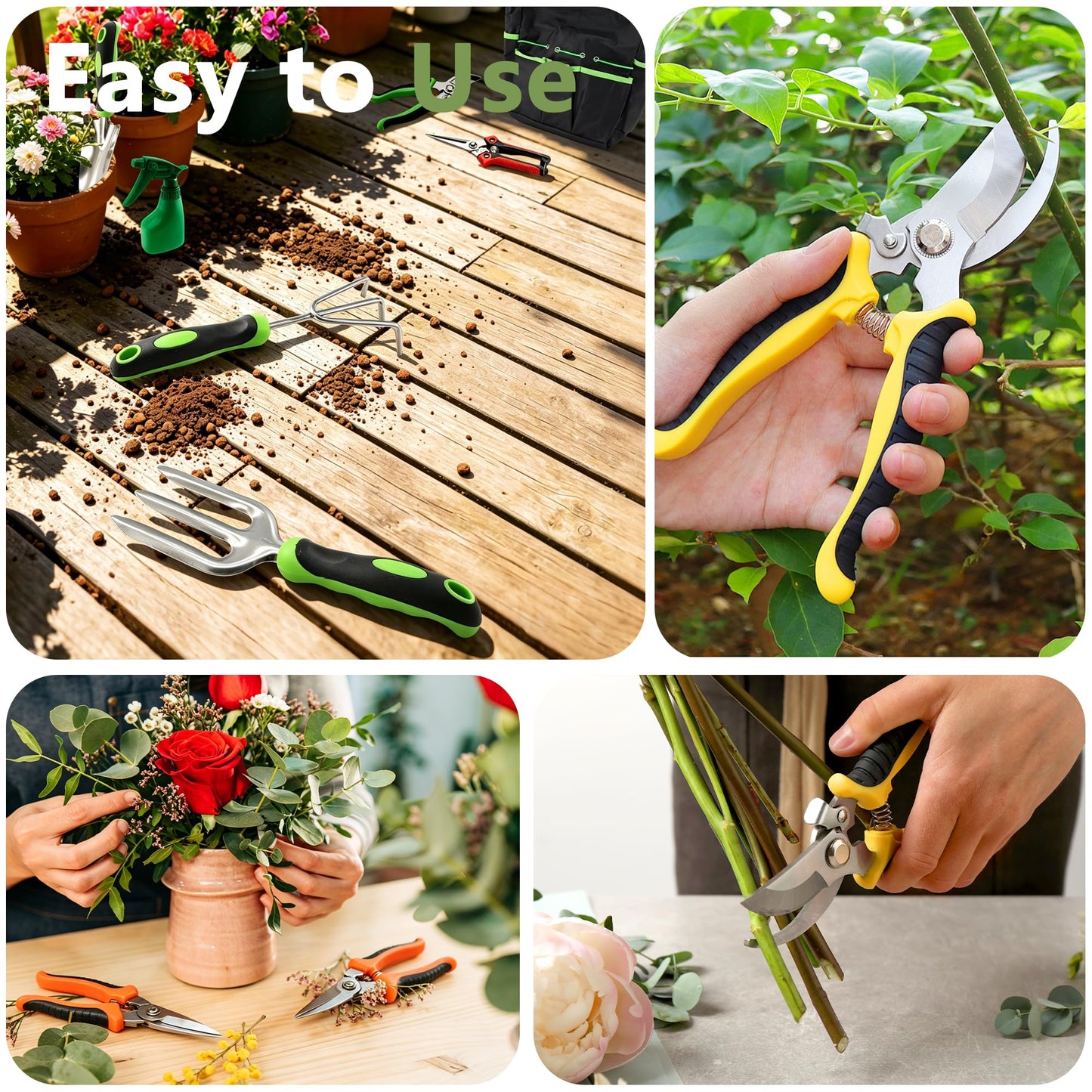 SHRJ 15Pcs Garden Tool Set Heavy Duty Stainless Steel Gardening Hand Tools with 5 Garden Shears Non-Slip Rubber Grip Spade Shovel Organizer Handbag Gardening Gifts for Family Friends