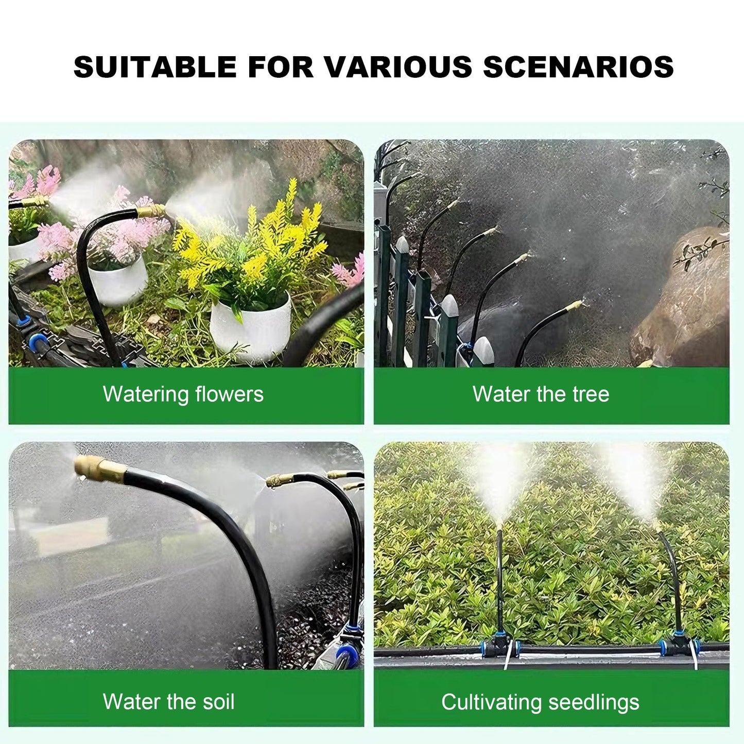 30FT 360° Mist Spray Drip Irrigation System - Garden Watering Kit with 10 Fine Mist Nozzles, Adjustable Atomizing Sprinkler for Greenhouse, Potted Plants, Raised Beds, Yard, 1/4 inch Hose