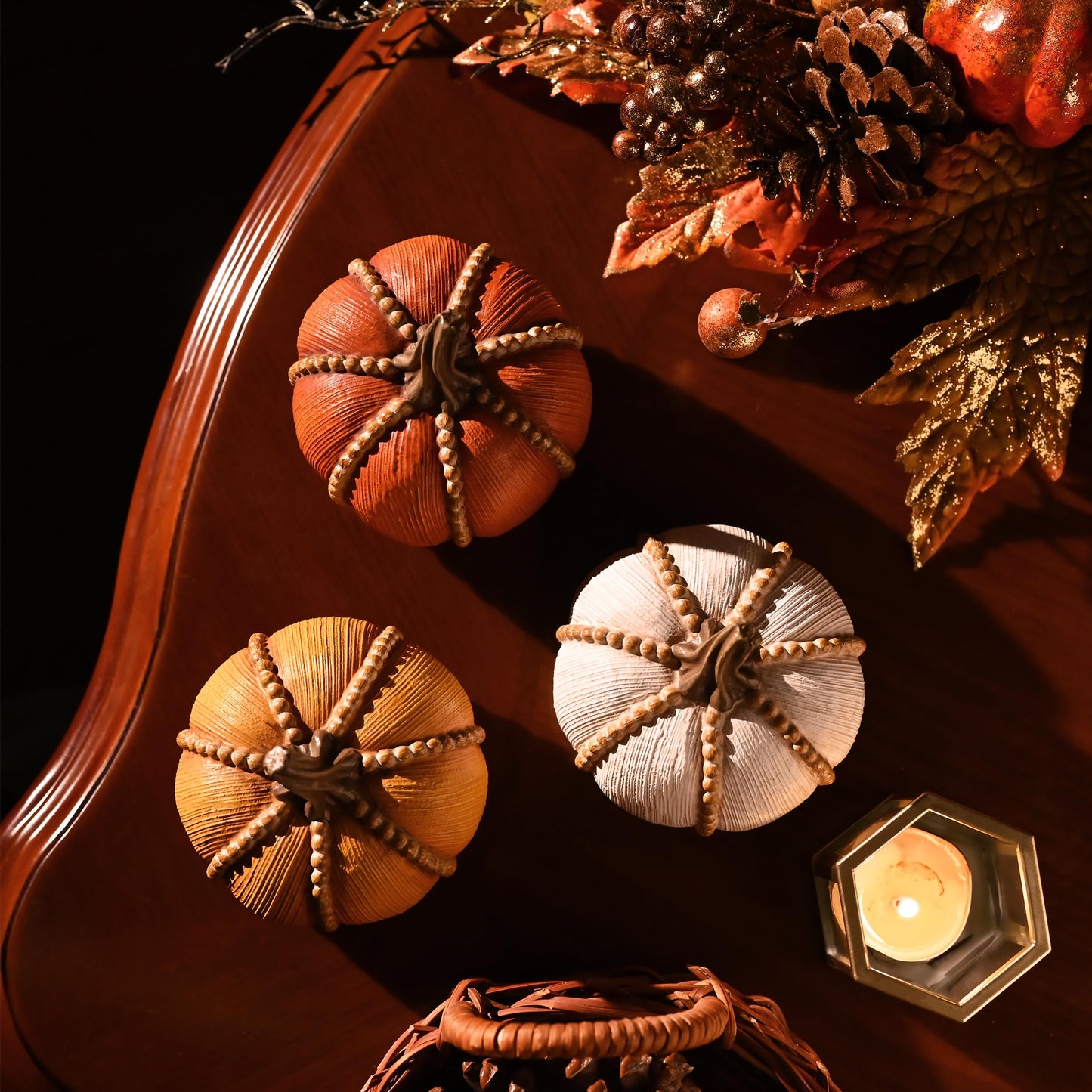 Valery Madelyn Fall Decorations for Home, Set of 3 Resin Fall Pumpkin Decor Indoor, Decorative Pumpkins Table Centerpieces Autumn Thanksgiving Halloween Decorations, 3.5 Inch