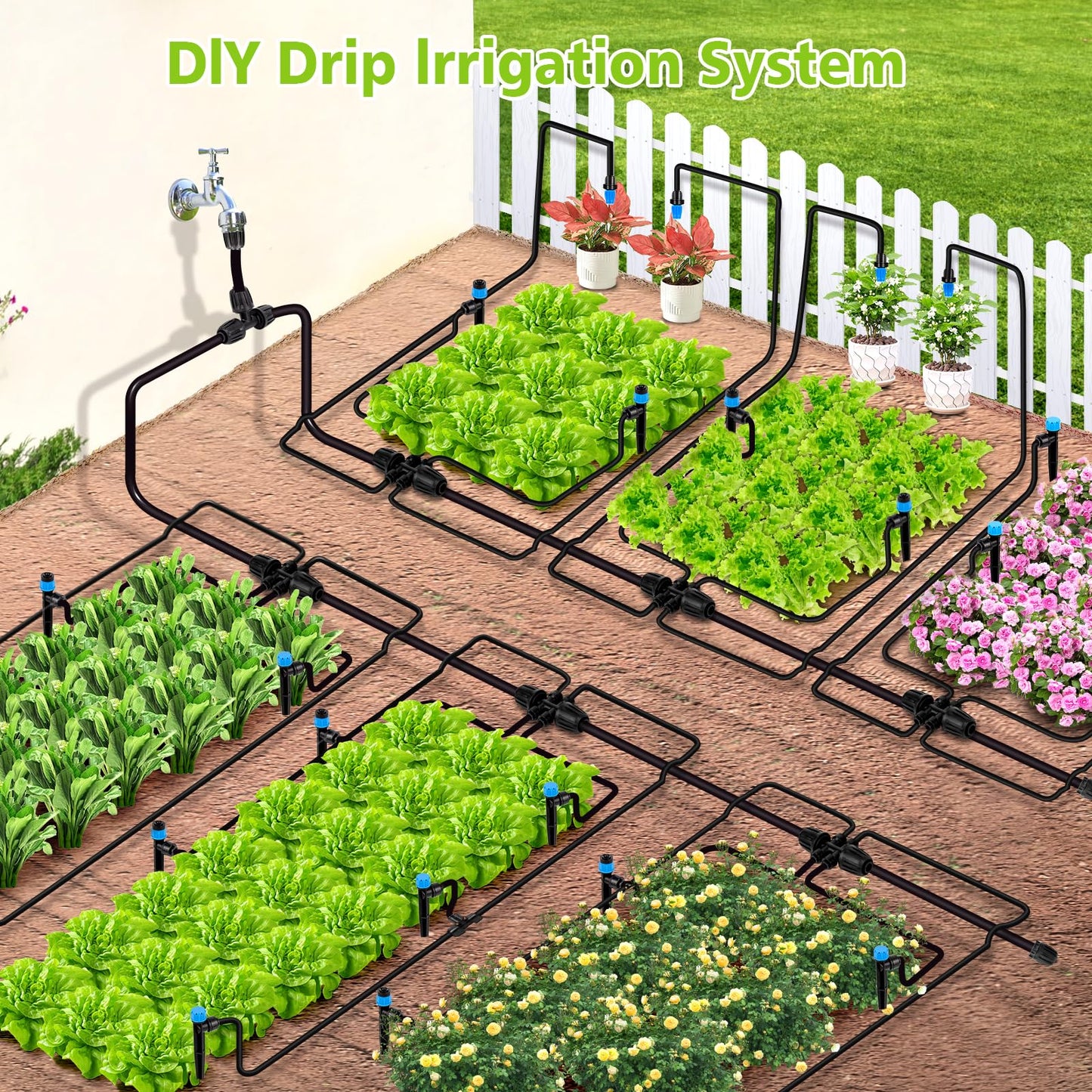230FT New Quick-Connect Drip Irrigation System Kit, Automatic Garden Watering Misting System for Greenhouse, Yard, Lawn, Plant with 1/2 inch Hose 1/4 inch Distribution Tubing and Accessories