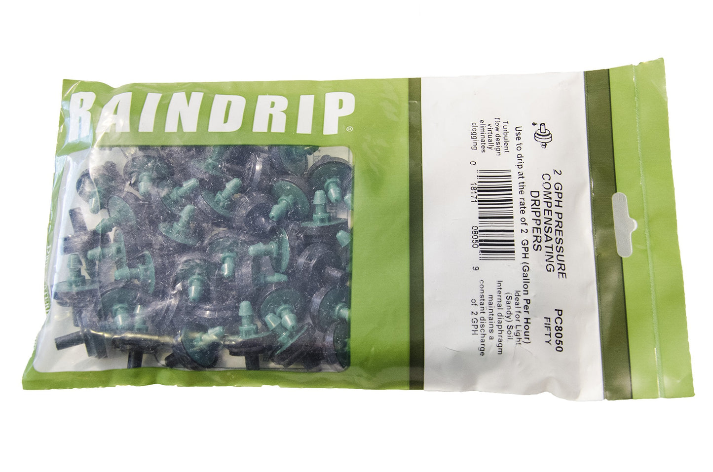 Raindrip PC8050B 2 GPH Pressure Compensating Drippers, Drip Irrigation Emitters for Drip Irrigation Gardening System, Maintains Constant Water Flow, 50-Pack, Green