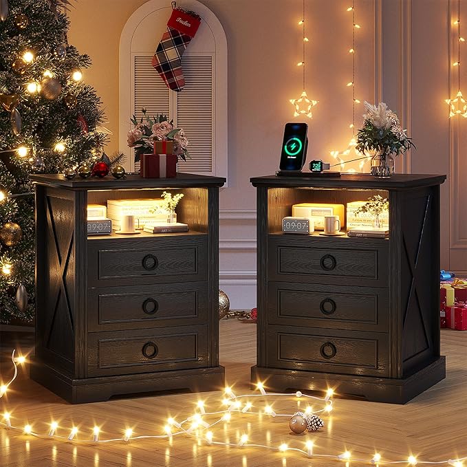 Nightstand with Charging Station, Farmhouse End Side Table with 3 Drawers and