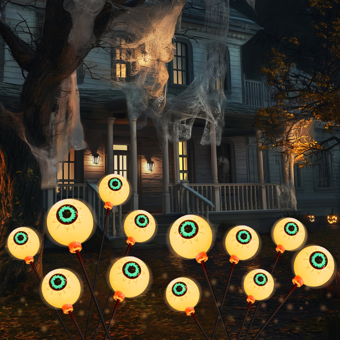 JOYIN Halloween Decorations Outdoor Solar Scary Eyeball Lights, 2 Pcs 12LEDs Warm Pathway Yard Stakes, Waterproof Firefly Lights for Halloween Graveyard Yard Garden Patio Walkway Party