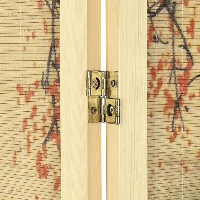 MyGift 4-Panel Folding Bamboo Room Divider Asian-Inspired Cherry Blossom Scene