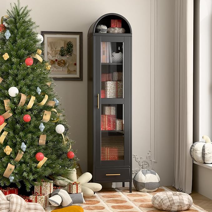 METAN Metal Arched Storage Display Cabinet, 1 Glass Door and Bottom 1 Drawer