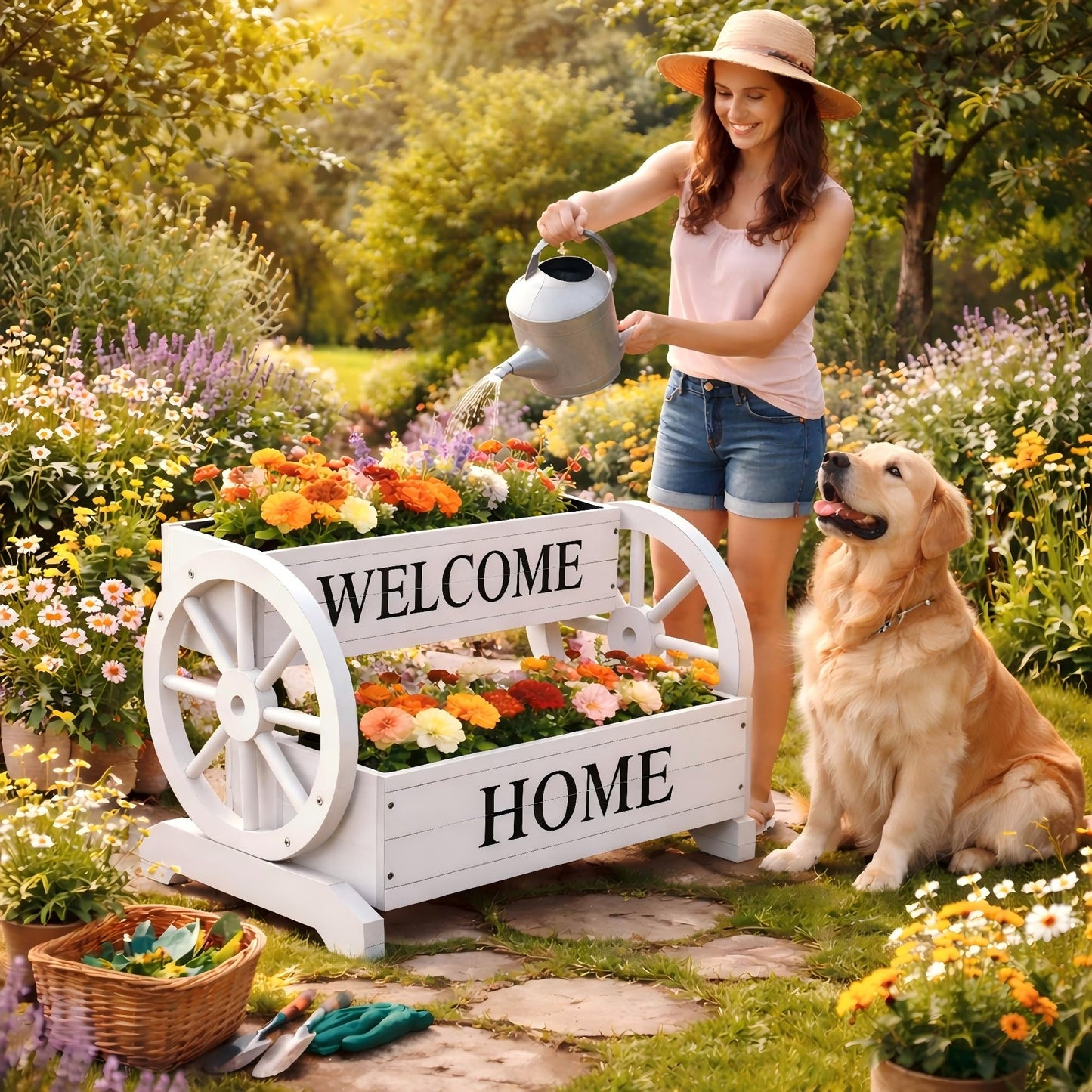 Ultym 2-Tier Wooden Wagon Planter Box, Extra Large Decorative Flower Cart with Wheels, Washed White Rustic Wood Planter with Drainage Holes & Non-Woven Liner, Raised Bed for Flowers Herbs Vegetables