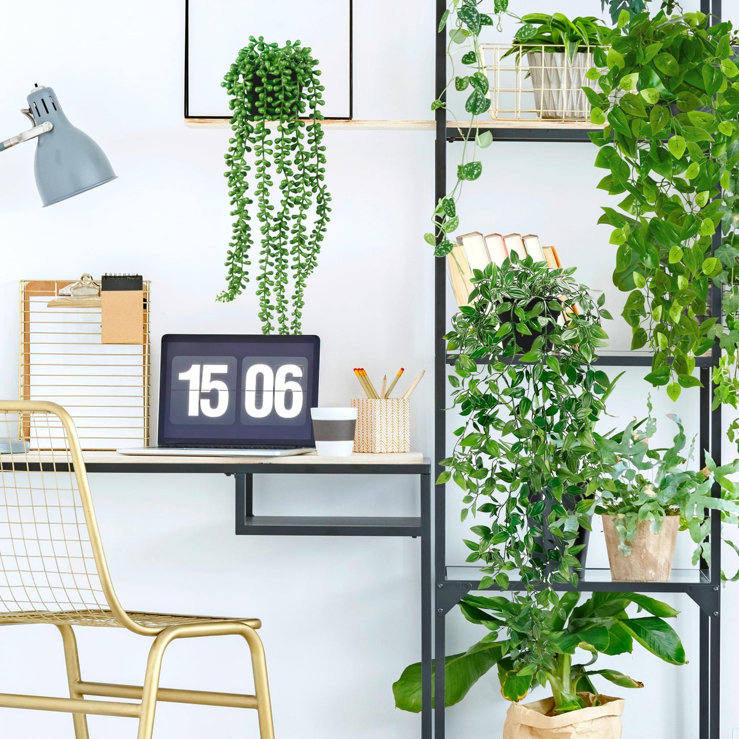 Palonu Artificial Hanging Plants for Shelf, 4 Pack Fake Potted Greenery Plant Faux Mandala Vine, String of Pearls, Ivy Vine,Persian Grass Fern in Pot for Desk Home Bathroom Farmhouse Room Table Decor