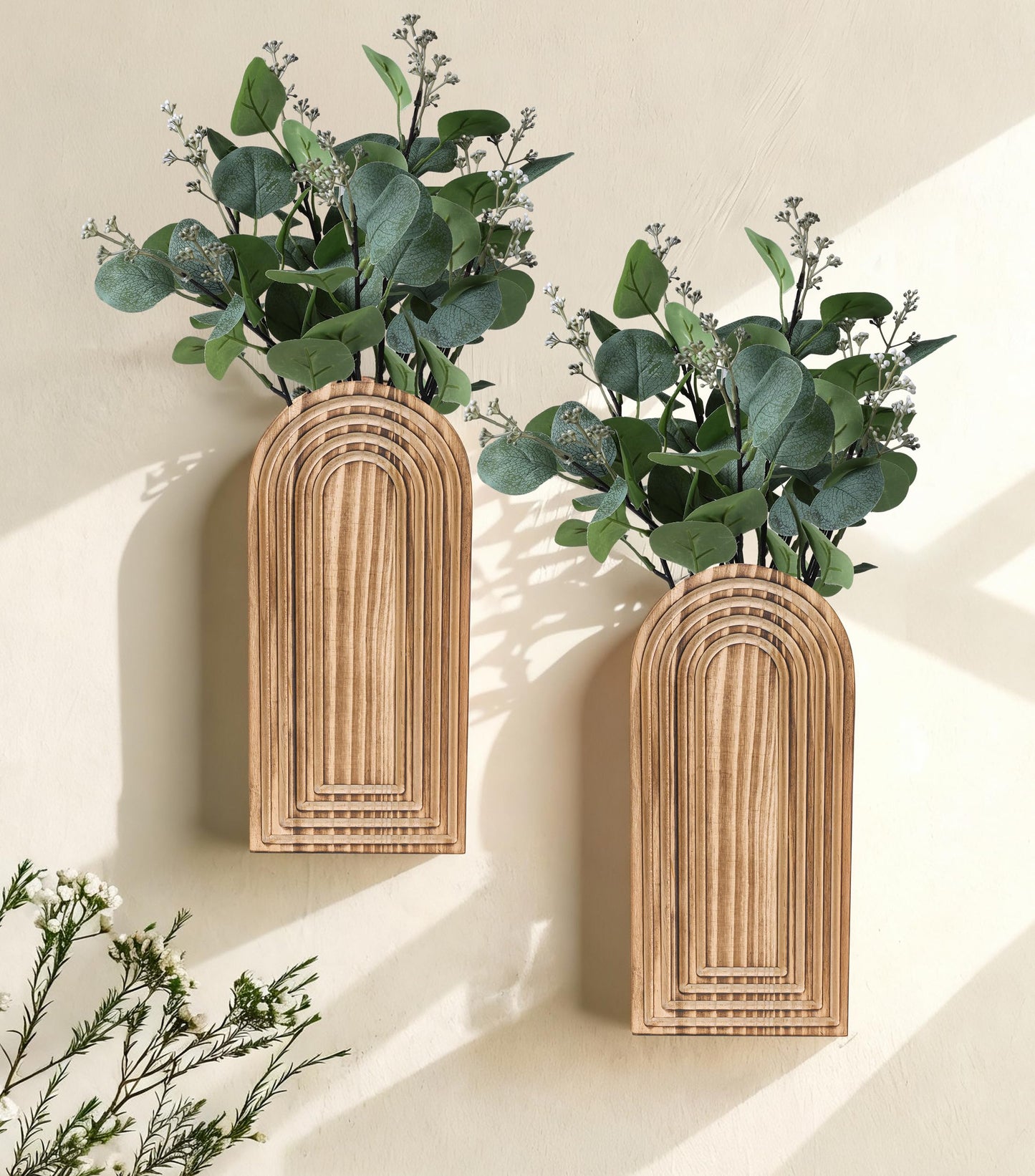 DREAMLOOM 2 Pack Wooden Wall Vases with Fake Plants, Wall Hanging Planters Boho Modern Farmhouse Indoor for Narrow Spaces Entryway Bathroom Home Office Decoration, Black