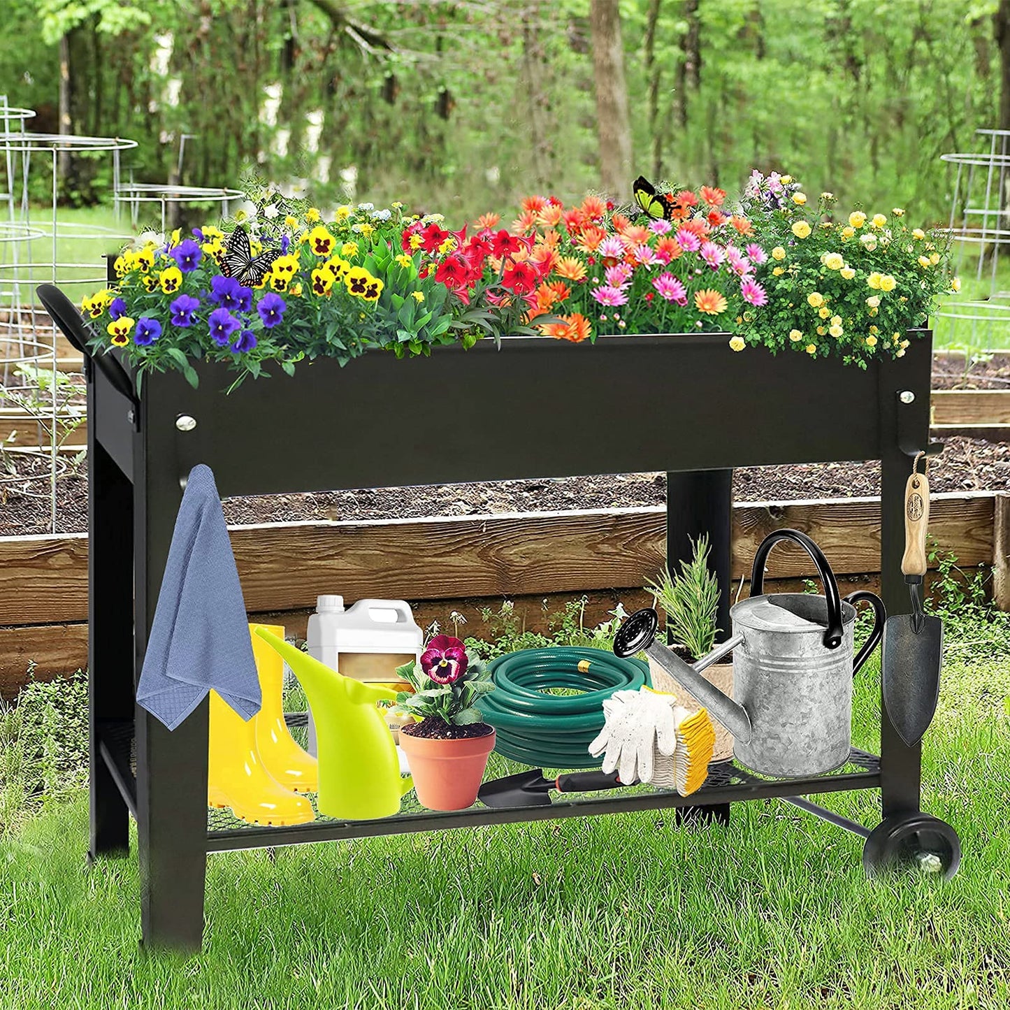 aboxoo Large Planter Raised Beds with Legs Outdoor Metal Planter Box on Wheels Elevated Garden Bed for Vegetables Flower Herb Patio (40" L x 11" W x 31.5" H)