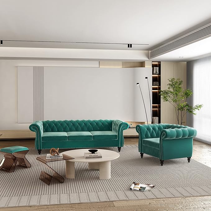 2 Piece Living Room Set, Velvet Chesterfield Sofa Couch Chair