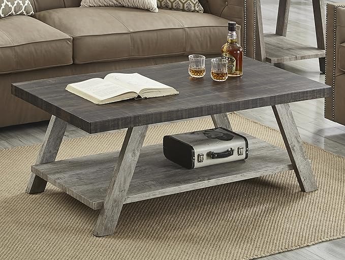 Contemporary Two-Tone Wood Shelf Coffee Table, 48 in Weathered Walnut and Gray