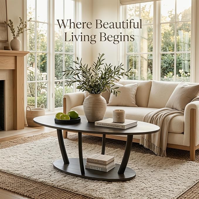 Manora Rustic Small Oval Coffee Table for Living Room, Narrow Wood Center Table with Shelf, Retro Style Coffee Table with Curved Metal Legs, Stable and Easy Assembly, Gray