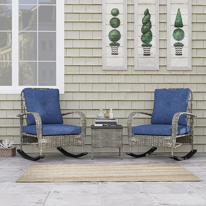 Outsunny 3 Piece Wicker Patio Furniture Set, PE Rattan Rocking Chairs