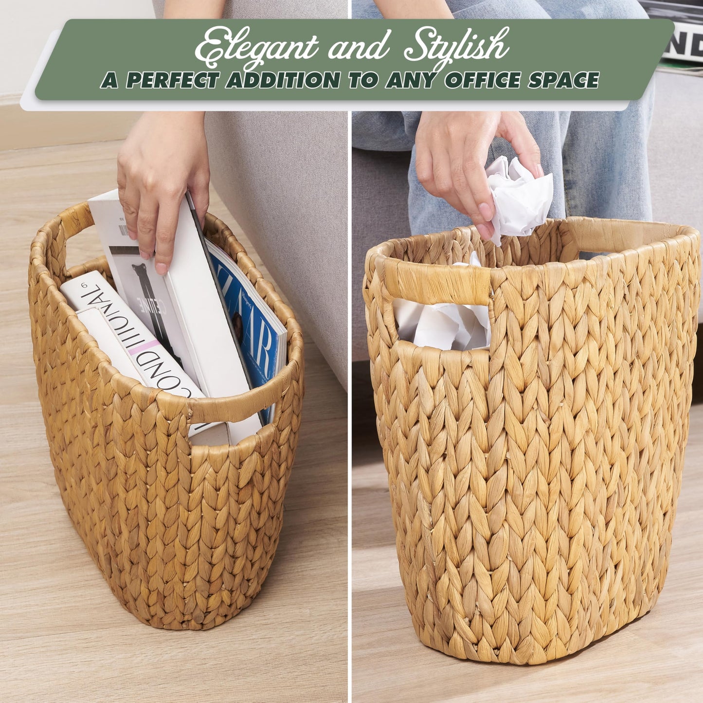 BLUEWEST 3.5 Gallons Wicker Trash Can, Wicker Rattan Bathroom Trash Can with Built-in Handle, Large Handwoven Hyacinth Waste Bin for Office, Bedroom, Living Room, and Kitchen