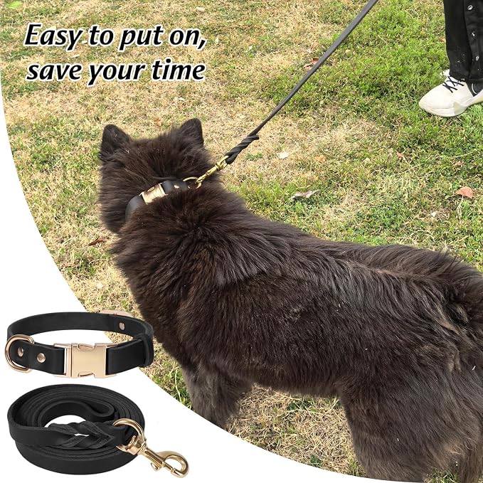 LWBMG 6FT Leather Dog Collar and Leash Set, Heavy Duty Dog Leash and Collar with Metal Buckle, Adjustable Pet Collar Set, Soft Puppy Leash and Collar Set for Medium Large Dogs Black