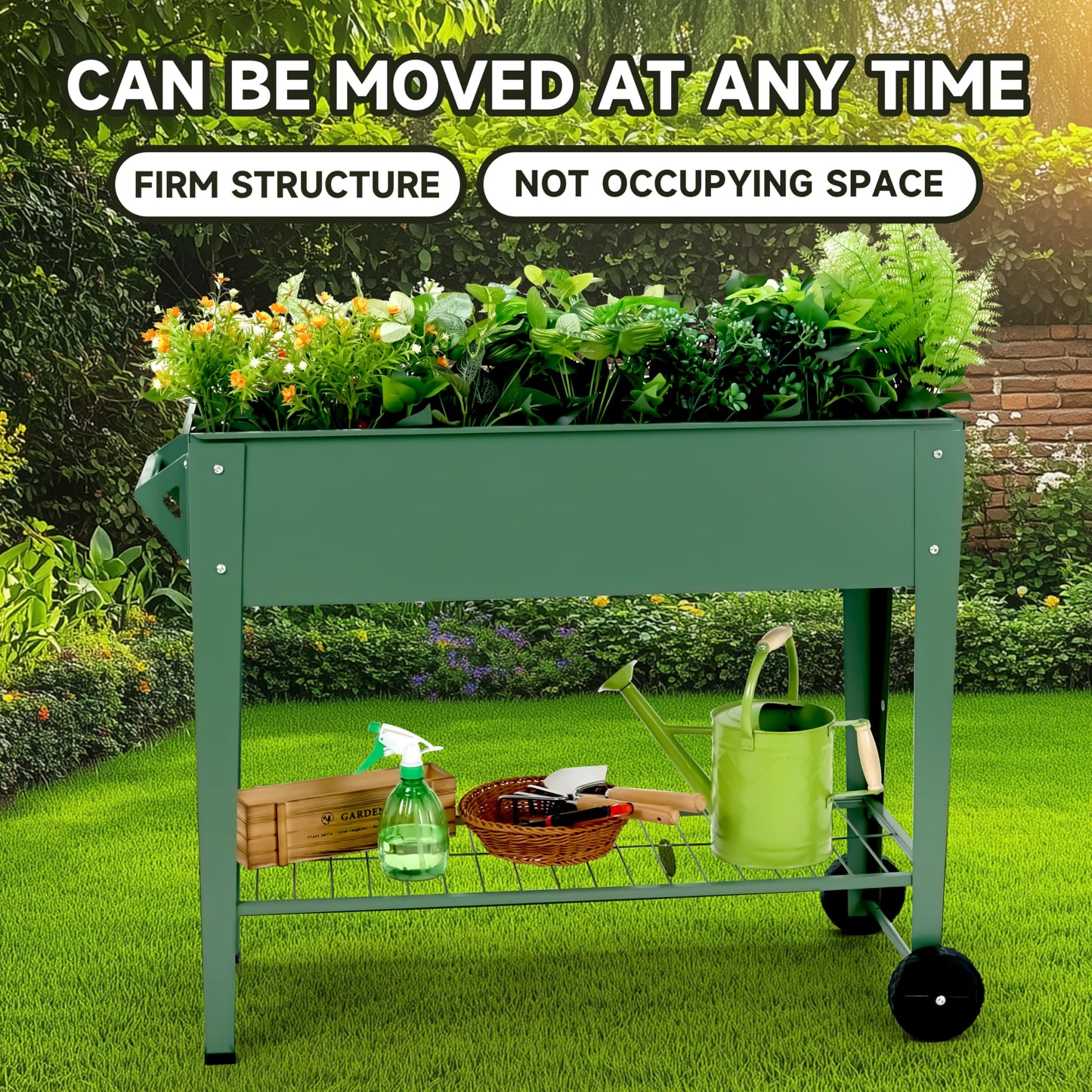 YKTEEDENS Raised Garden Bed with Legs and Wheels Removable for Outdoor, 31.6 * 14.6'' Metal Planter Raised Box for Growing Vegetables Herb Flower in Patio (Green)