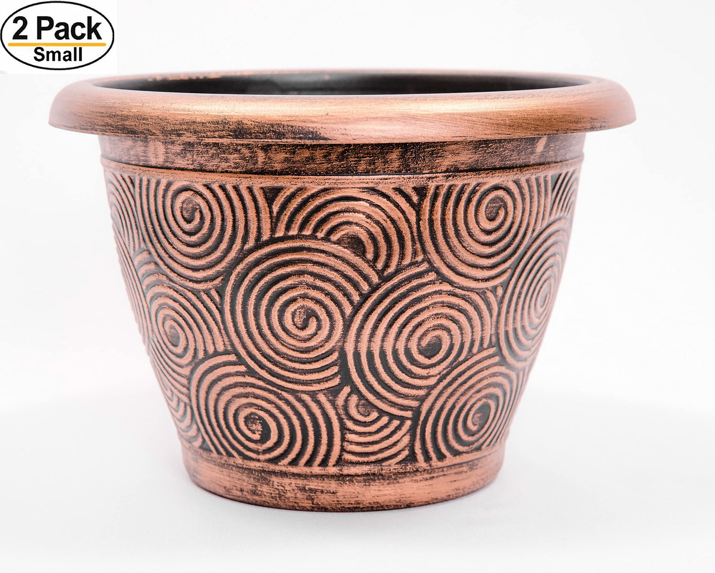 Set of 2 Circle Pattern Small Decorative Plastic Planter 10X7 inches for Indoor, Outdoor, Nursery, Garden, Patio, Office, Home Decor Use. Long Lasting, Reusable Light Weight (Concentric, Copper)