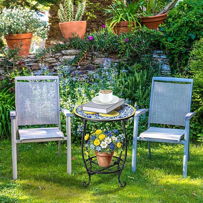 Cinnvoice Outdoor Side Table Round Small Mosaic Patio Accent Indoor End Plant