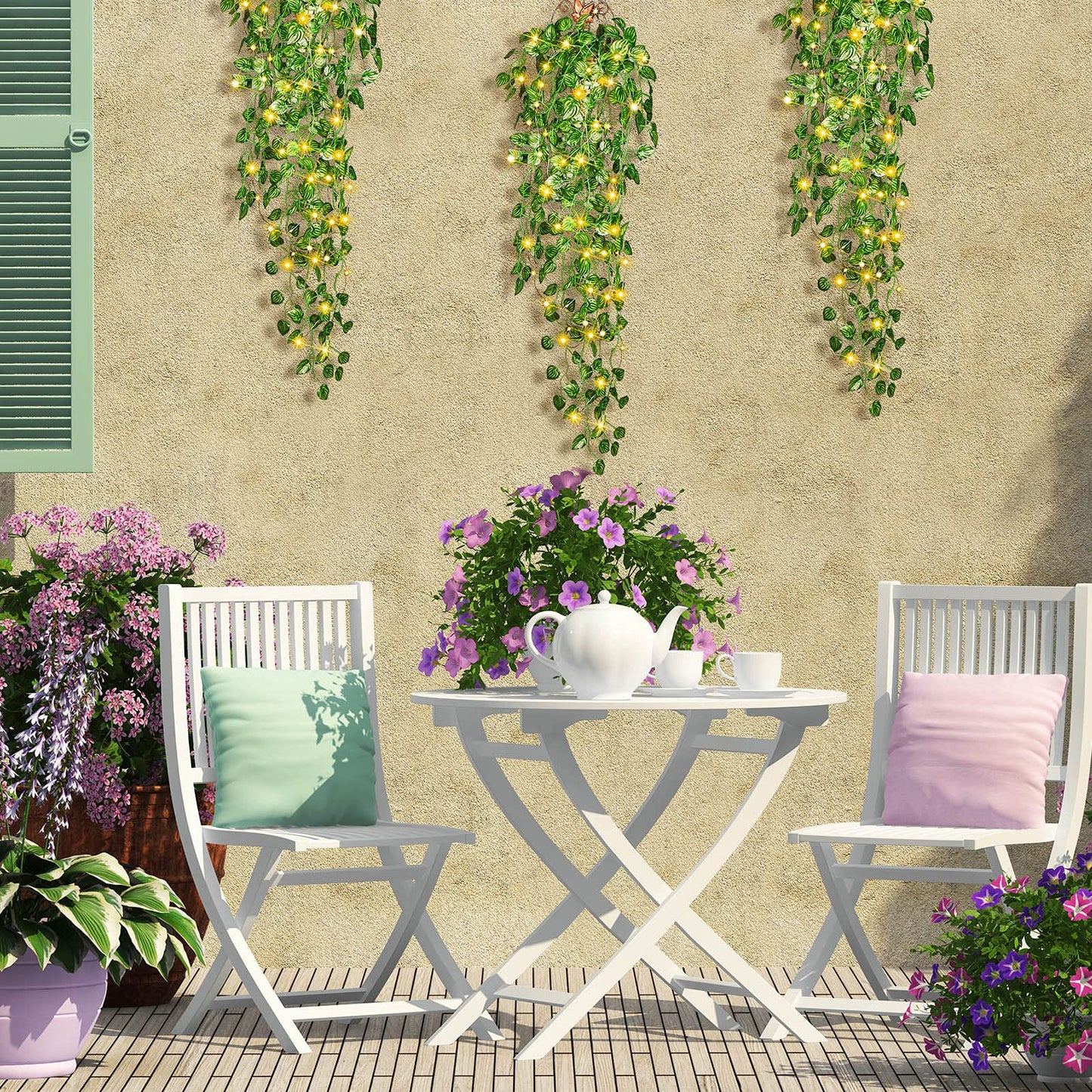 3 Packs LED Artificial Hanging Plants, 3.6 ft Fake Hanging Plant, Ivy Vine Fake Leaves Greeny Chain Wall Home Room Garden Wedding Garland Outside Decor (Basket Not Included) (Watermelon Leaves Style)