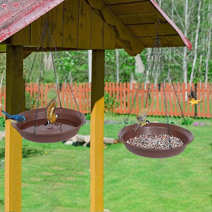 VUWEZ Hanging Bird Bath, Hanging Bird Water Feeder for Outdoors, Feeder Bowl, 1 Pack Birdbath Tray Accessories for Outside, Plastic Birdbaths Tray for Garden Patio Decoration (14", Chocolate)