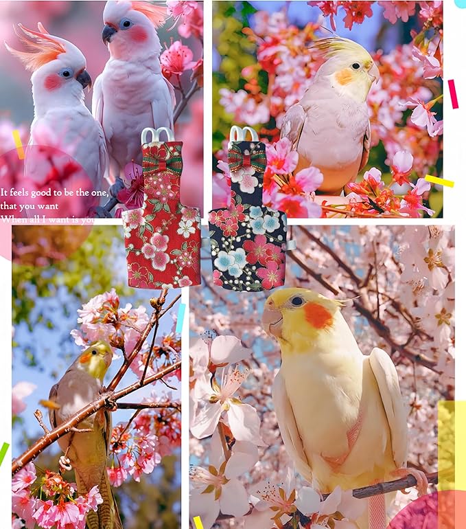 2Pcs Bird Diapers Bird Harness Flight Suits with 80in Flying Leash Reusable Parrot Nappy with Waterproof Inner Layer Urine Wet Suite for Cockatiel Budgie Conure Parakeet Lovebird-Red&Black