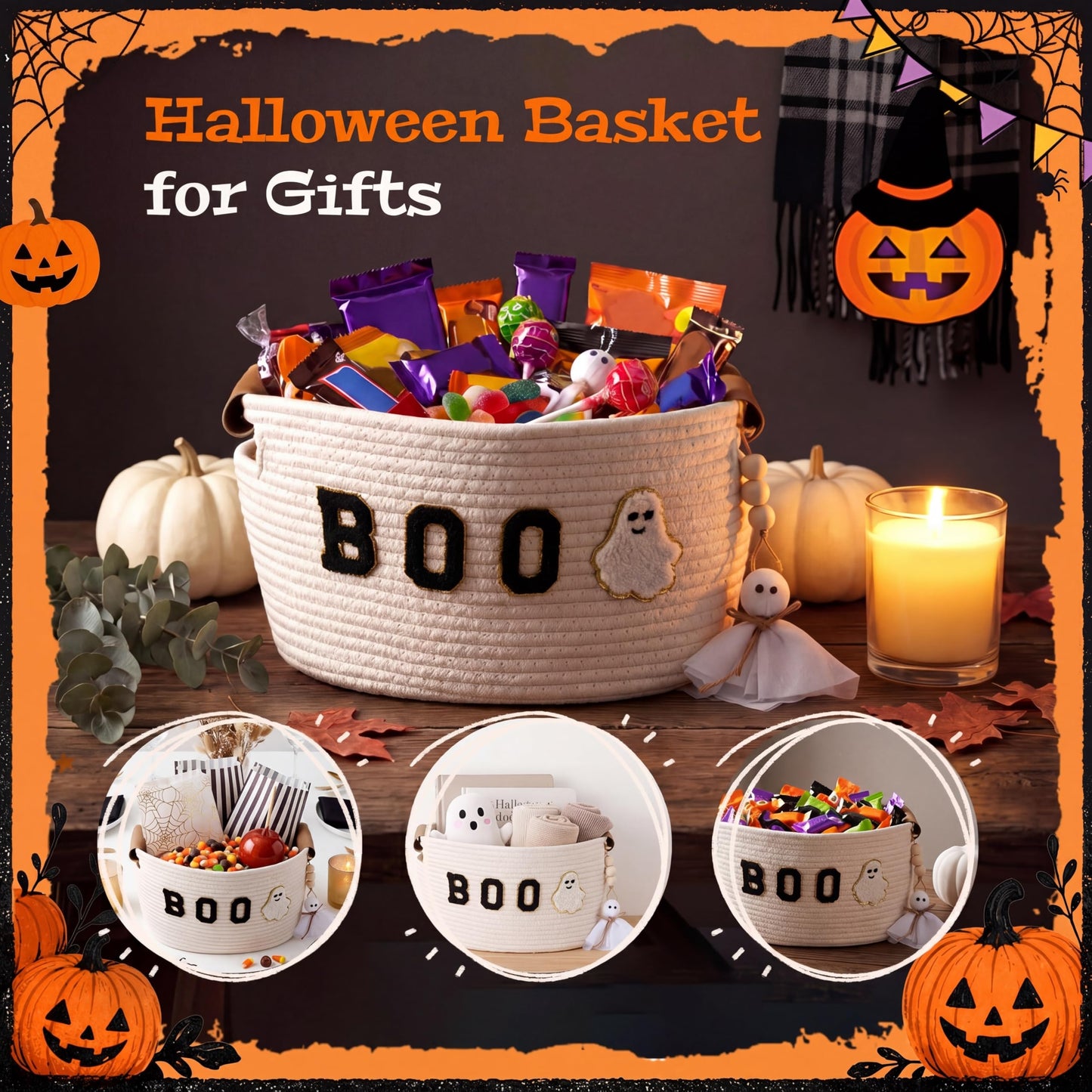 Acellegic Halloween Woven Rope Basket 13 x 8.7 x 7.9 Inch BOO Ghost Decorative Storage Basket with Ghost Pendant Halloween Candy Bowl Trick or Treat Bucket Party Favors for Home Nursery Organizer