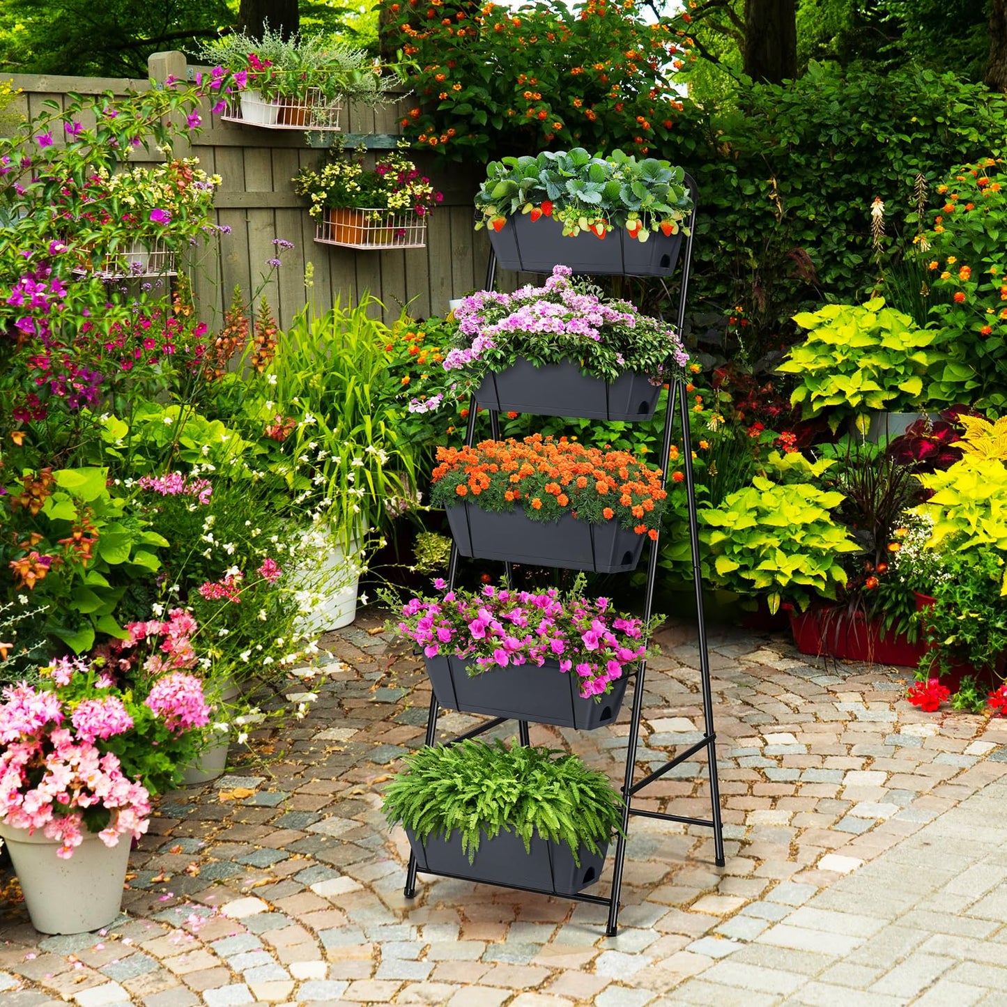 Raised Garden Bed 5 Tier Vertical Planter Standing Herb Garden Elevated Box With Drainage Holes Tall Planters for Outdoor Plants Vegetables Flowers Grey