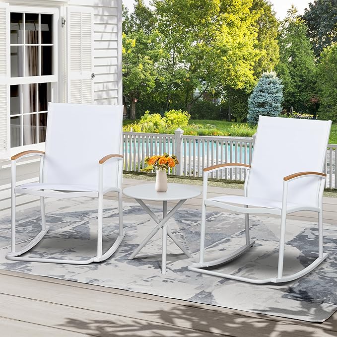 Shintenchi 3 Piece Outdoor Rocking Bistro Set, Textilene Fabric Small Patio